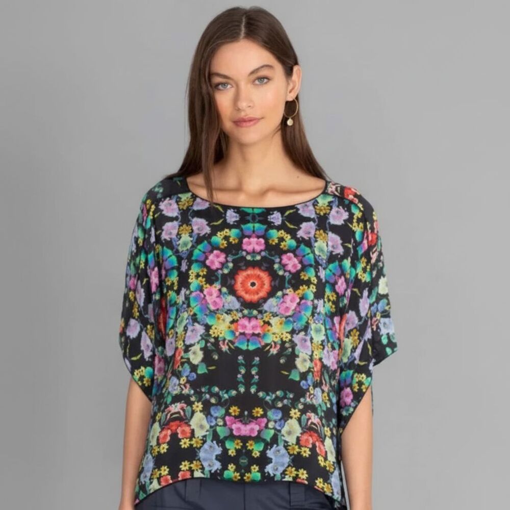 Johnny Was Top Size S Ella Multicolor Floral Asymmetric Hem Kimono Sleeve  BOHO